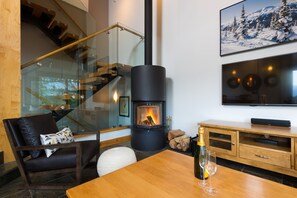 cozy fireplace and bubbly
