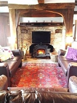 Comfy leather sofas to relax around fireplace/tv