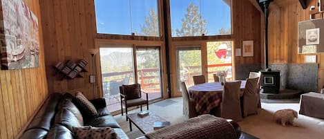 Spacious living room warmed by a cozy pellet stove 