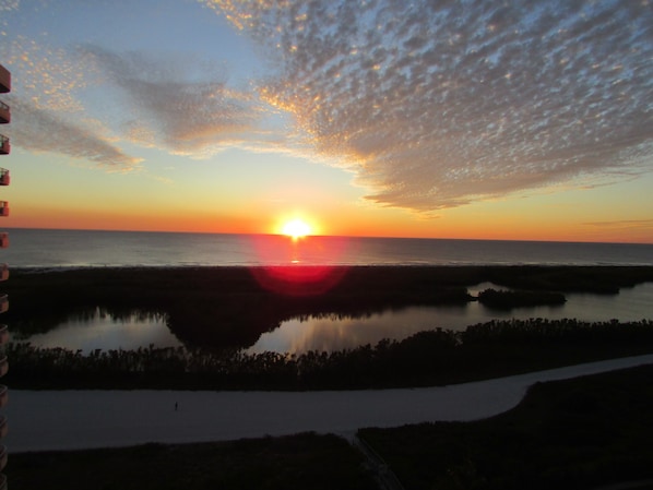 Picture taken from condo balcony as the sun sets.