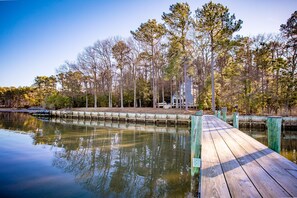 View of Dun's Cove and property from private pier, accommodates boats up to 40'