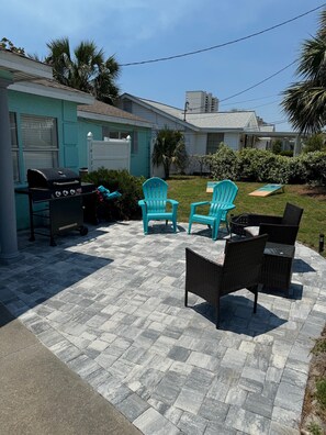 New paver patio with BBQ-Fire Pit and Cornhole set!