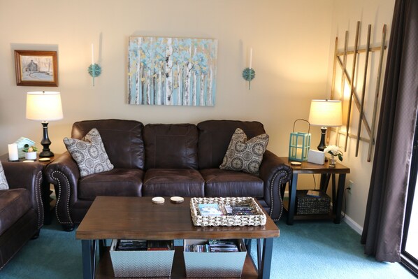 Living Room, the sofa opens for a queen bed.