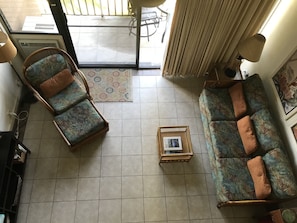 Living room- View from the loft bedroom. Tile floors throughout the 1st floor.