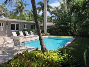 Large heated pool.  Perfect for swimming laps or just lounging.  