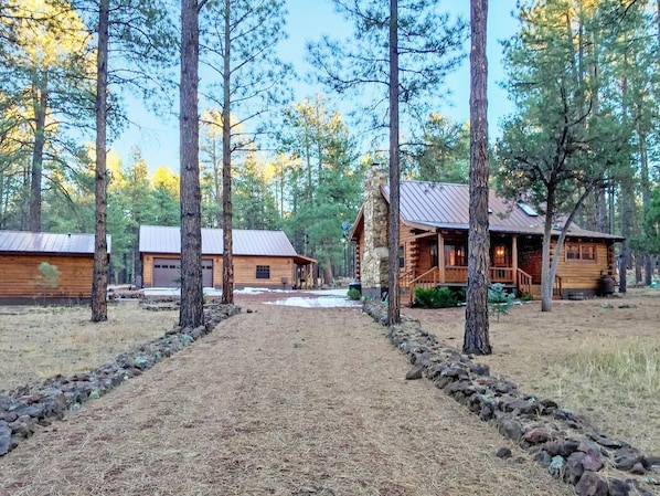 View from West side looking East of main cabin and guest cabin in background