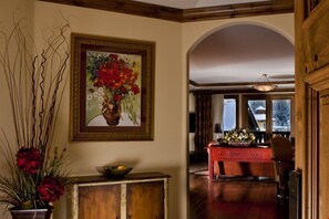Beautiful wood panelling and stylish decor complete this home.