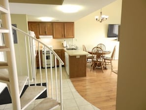 Spiral stair case, Kitchen Dining area.