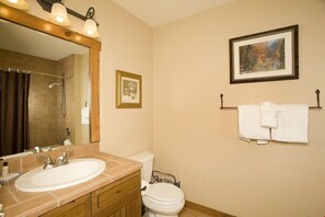 The bathroom is bright and clean!