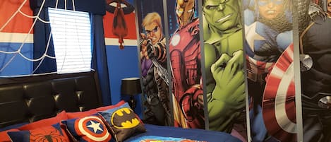 Avengers Themed King Bedroom with Spiderman's web over the bed!