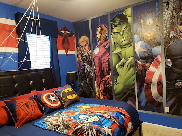 Avengers Themed King Bedroom with Spiderman's web over the bed!