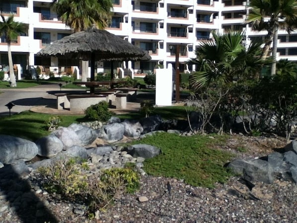 Grounds with 
Palapas, picnic tables  and water features