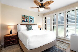 Bedroom with Queen Bed, Ceiling Fan & Portable AC