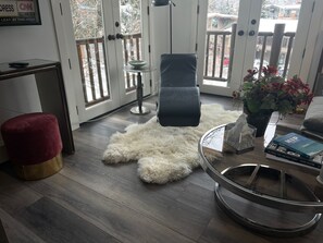 Chaise with a furry shearling rug under your feet!