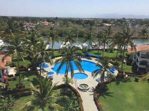 Aerial view of pool area and marina