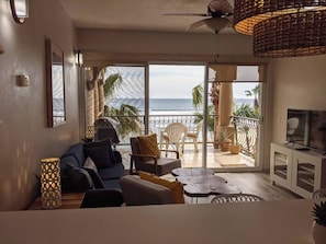 The view from the kitchen onto the balcony overlooking the Sea of Cortez