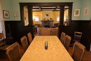 This dining table seats 10 and can easily accommodate your entire group!