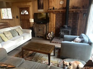 Main entry with wood stove, new flooring, couches, dog (optional). Deck on right