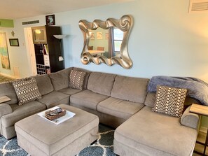 Large comfy sectional that can fit the whole family to watch TV or play games.