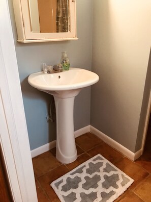 Pedestal sink in bathroom.