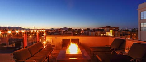 Roof deck at dusk with Alcatraz in the background