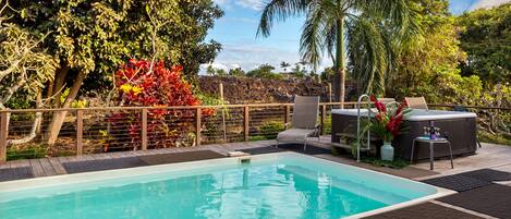 Heated Salt water pool and hot tub. Absorbing sunshine & relax in this tropical