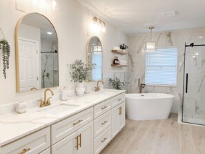 Newly Renovated Master Ensuite Bathroom with freestanding tub & waterfall shower