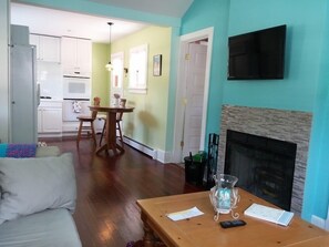 Wood burning Fireplace, Flat screen TV, antenna signal,  No cable. 