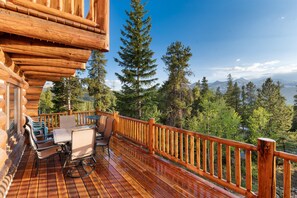 Our porch faces west;  Ski runs, Mtn Peaks, and the sun sets!
