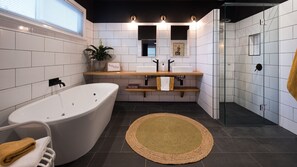 Recently built ensuite with 12 jet spa, double vanity and large rain shower