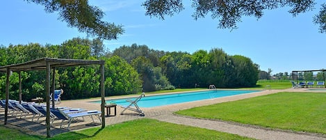 Bamboo shades at both ends of the pool