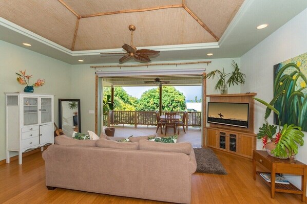 living room with fold-out sofa bed couch & TV