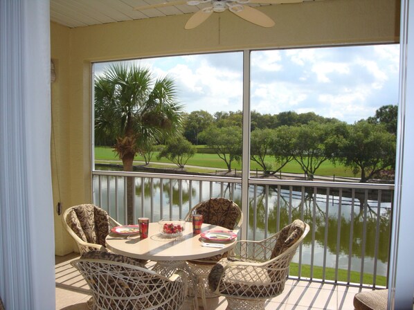 The lanai overlooking the lake and the golf course.