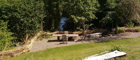 Bothy overlooking one of the seating areas and  River Doon