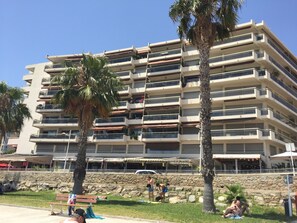 Exterior of building in front of beach