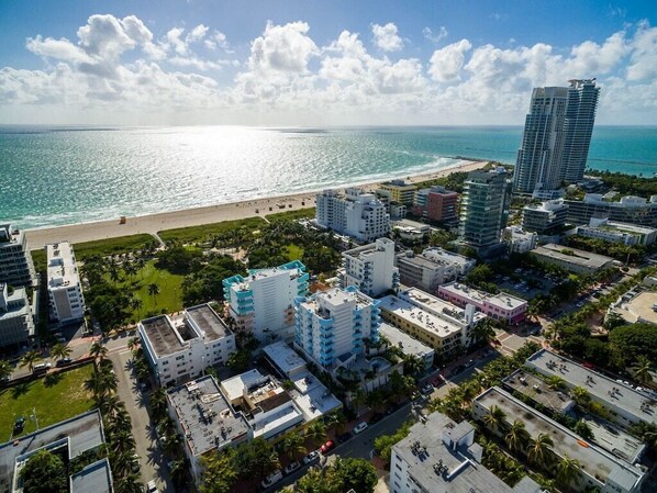 Blue building is Ocean Place- steps to the beach!