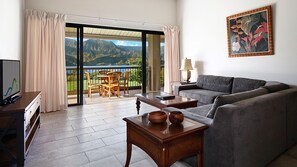 Hanalei Bay Resort #4305 - Ocean & Mountain View Living Room & Lanai - Parrish Kauai