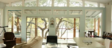 Main living area is light and airy, facing the Sandy Creek arm of Lake Travis