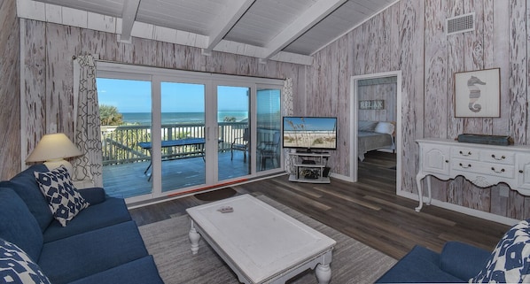 Living room with wood paneling