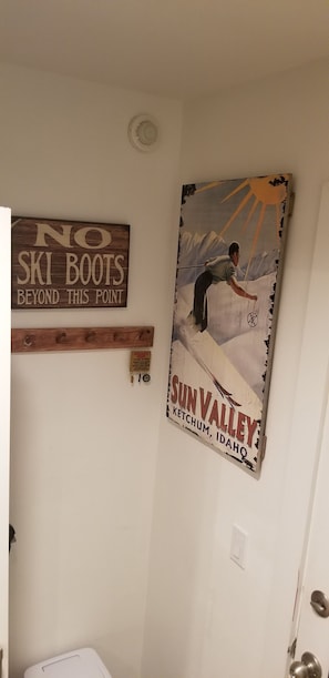 Ski and ski boot storage just inside front door