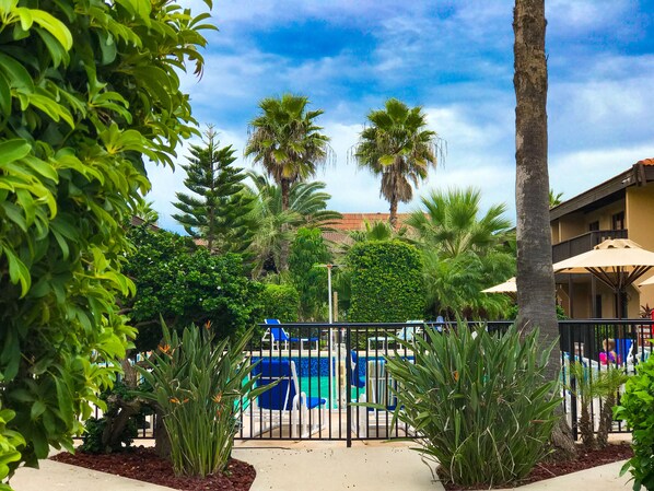 Beautiful gardens surround the pools.