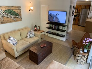 sleeper sofa bedding in trunk.  50” tv for all your movie and sports watching