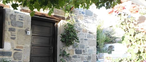 Your doorway under the vines, with steps leading up into terraced garden.