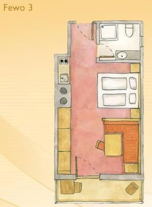 (3) Ein-Raum-Ferienwohnung Panorama 32qm, Dusche/WC, Küche, Balkon-Grundriss Ferienwohnung 3