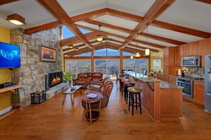 Living Room and kitchen looking to mountains