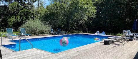 heated in deck pool, plenty of floats and pool toys