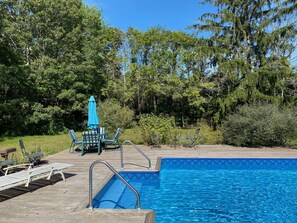 heated in deck pool, plenty of floats and pool toys -you pay for propane to heat