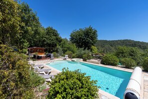 Our pool (11 x 5 meters), protected by a cover to ensure safety and save heat
