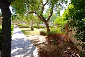 Walkway from main patio hideaway leads to semi-private "backyard" lawn area.