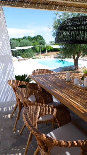 Dine in the shadow, overlooking the pool.